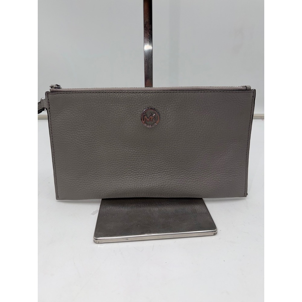 Michael Kors Adele Grey Pebbled Leather Large Zip Clutch Wristlet Silver Logo